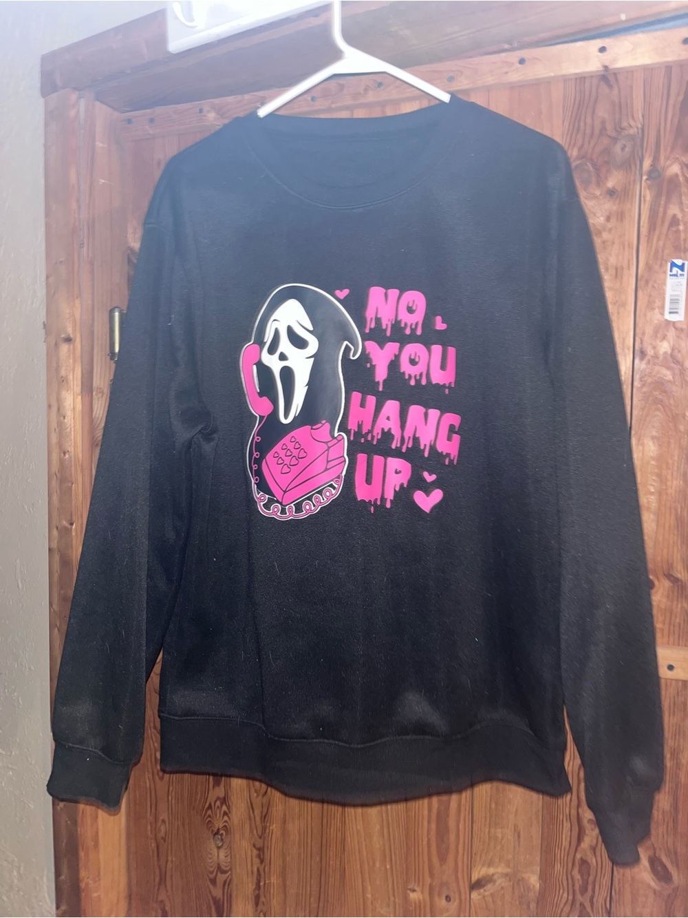 Black Crewneck Sweater with Pink Scream Phone Graphic